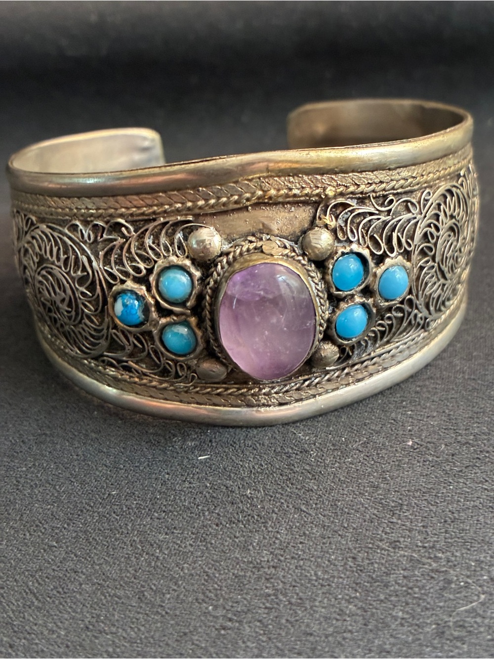 Vintage Filagree Silver Cuff Bracelet Amethyst Center, Turquoise Colored Accents